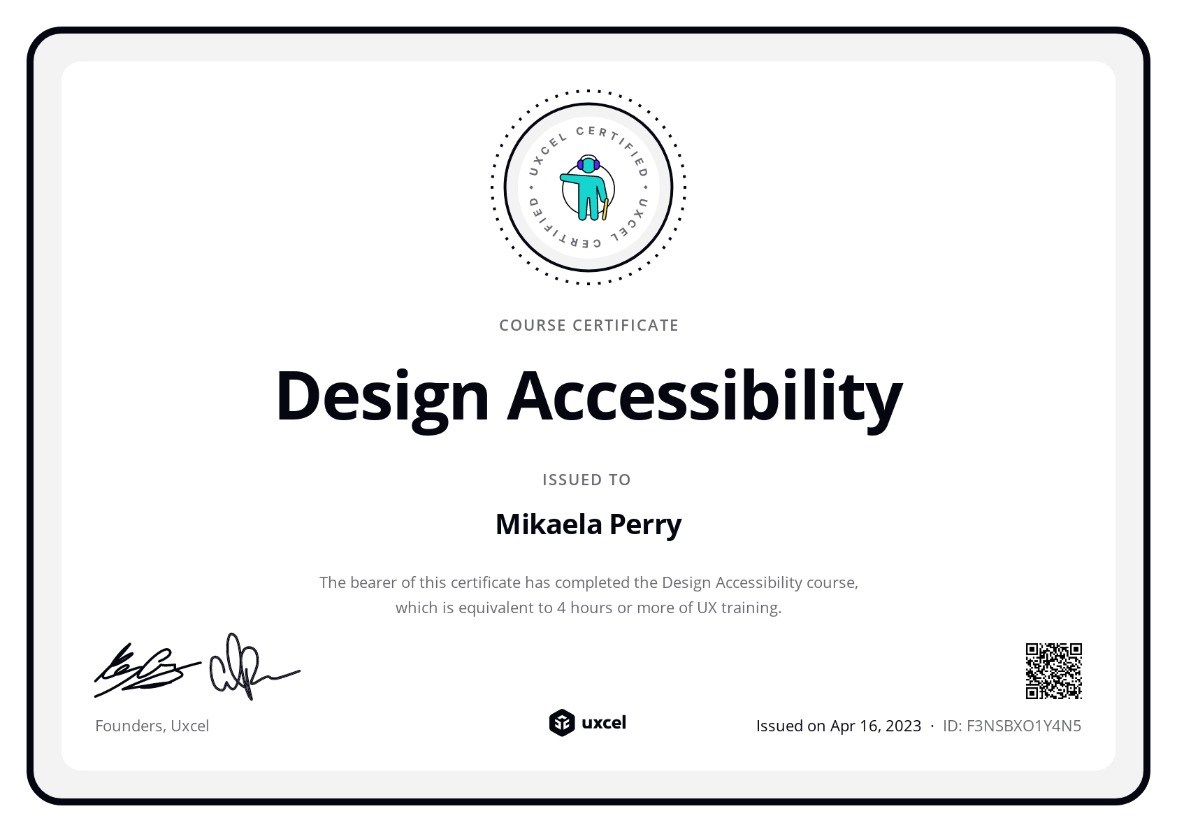 Mikaela Rae Perry's certificate